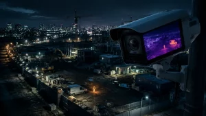 How Much Does Construction Site Security Cost in Leeds? 4 Wide cinematic view of a construction site at night monitored by a thermal security camera showing heat signatures of people and vehicles for advanced surveillance and security detection.