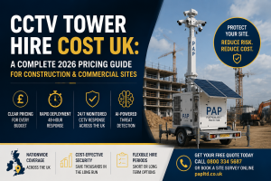 Bespoke Fixed CCTV Installation with 24/7 Monitoring 7 CCTV tower hire cost UK guide showing a rapid deployment mobile CCTV tower for construction and commercial site security