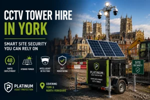 Solar CCTV Tower Hire: How Hybrid Solar & Generator Power Works 4 Mobile CCTV tower with solar panels providing 24/7 monitored security at a construction site in York, North Yorkshire.