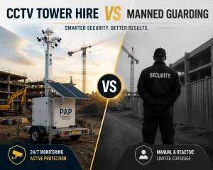 What Is an Access Control System and How Does It Work? 4 CCTV tower hire vs manned guarding comparison showing a mobile CCTV tower and security guard at a construction site
