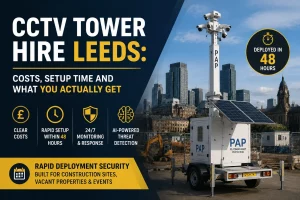 How Drone Videography Improves Construction Site Monitoring and Security 4 CCTV tower hire Leeds guide showing a rapid deployment security tower for construction sites, vacant properties and events