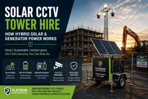 CCTV Tower Hire in York: Protecting Construction & Development Sites 4 Hybrid solar and generator-powered CCTV tower providing 24/7 monitored security at a UK construction site.