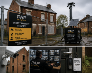 Fire Detection System Guide Leeds | Types, Safety & Compliance Explained 4 Vacant residential property secured with fencing and professional security signage, featuring a rapid deployment CCTV tower, outdoor surveillance camera, and remote monitoring station showing multiple live feeds for 24/7 protection and inspections.
