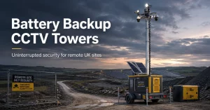 Continuous CCTV Protection During Power Loss 8 Battery backup CCTV tower with solar and generator power providing 24/7 security for a remote UK site