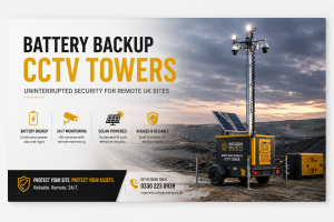 Access Control Solutions for Modern Business Security 12 Alt Text: Battery backup CCTV tower with solar panels and 24/7 monitoring securing a remote UK construction site.