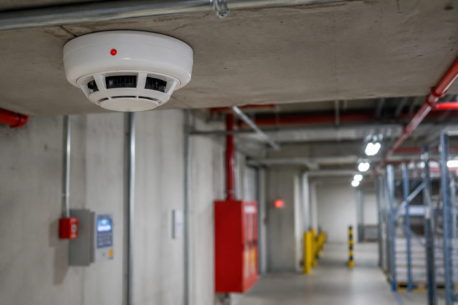Commercial fire detection system installed inside a business building