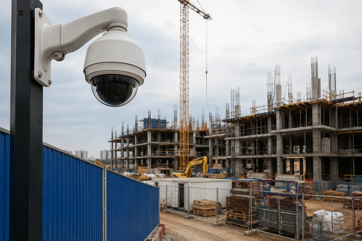 Construction site with security measures protecting equipment and materials