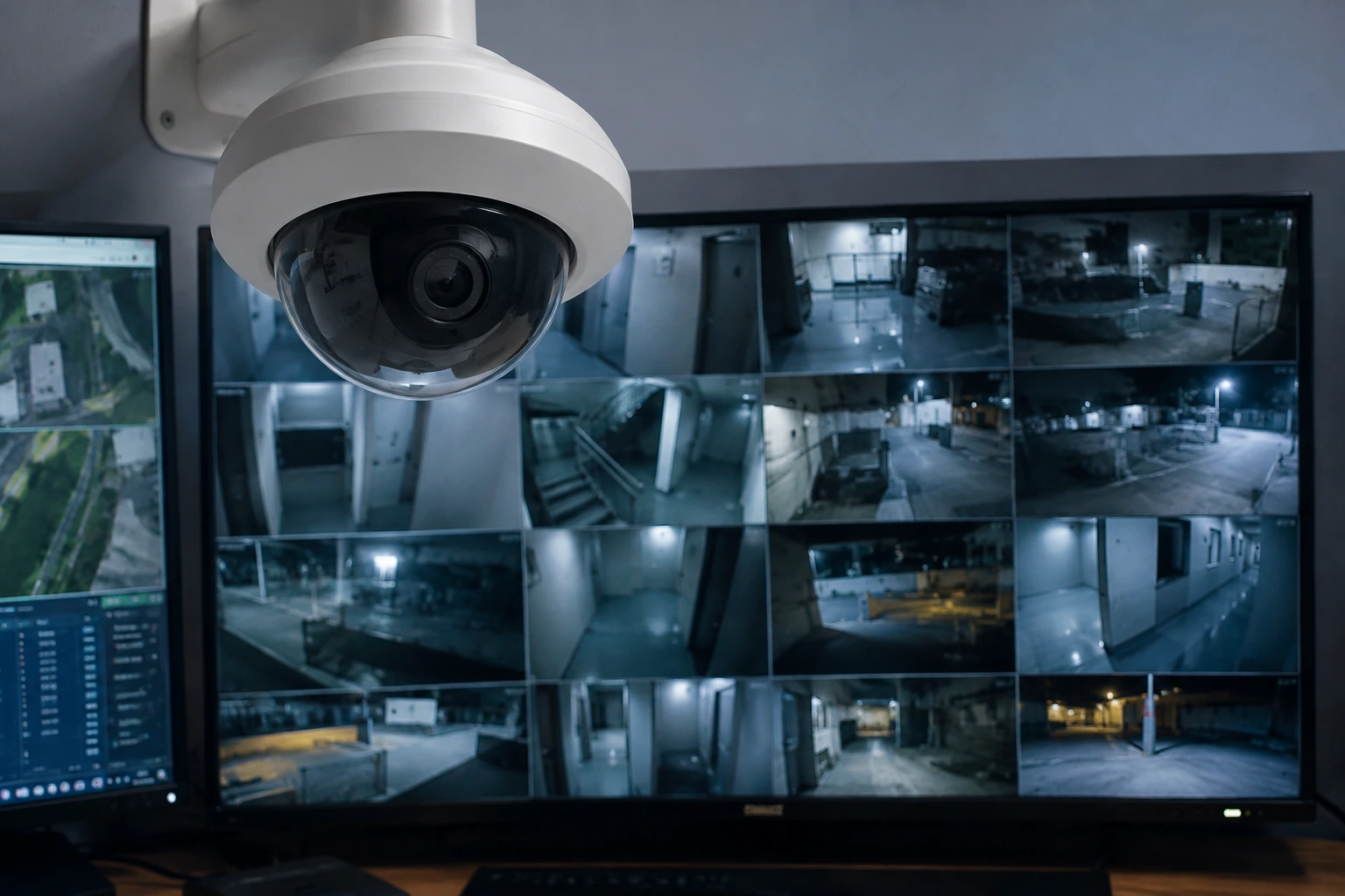 Security surveillance cameras monitoring a commercial site