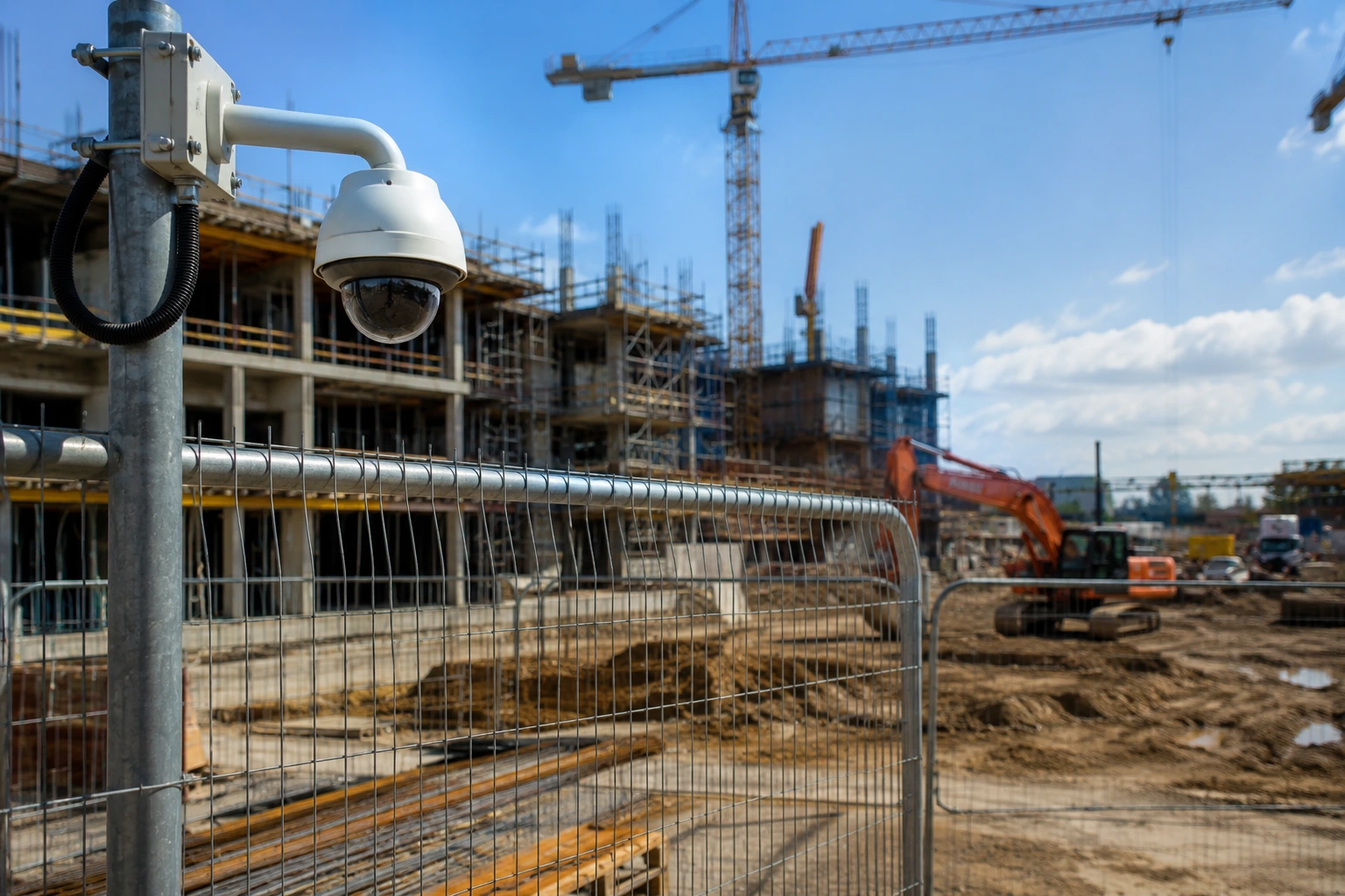 Construction site security covering changing boundaries, plant and material storage