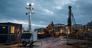Battery Backup CCTV Tower Hire for Remote Sites in Leeds 4 Mobile CCTV tower with multiple security cameras and solar power protecting a construction site in Leeds during rapid 48-hour deployment.