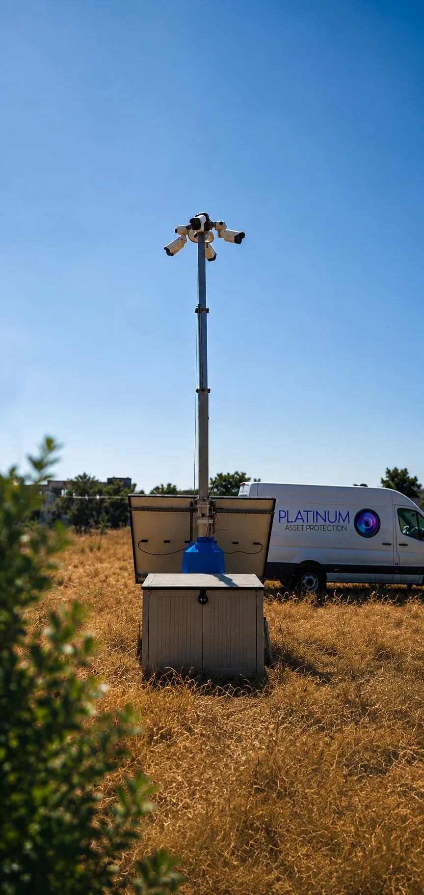 Mobile CCTV security tower with multiple surveillance cameras deployed on a remote outdoor site beside a Platinum Asset Protection service vehicle.