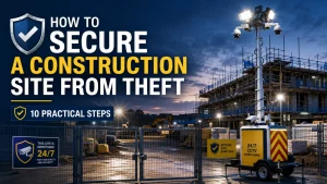 Construction Site Security Company in Bradford: Full Service Guide 4 Mobile CCTV tower monitoring a fenced UK construction site at night to prevent theft and improve site security.