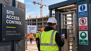 Construction Site Security Company in Manchester 4 UK construction site entrance with a worker using an access control card reader, turnstile, security signs and site access control signage in the foreground.