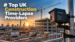 Construction Site Security Company in Manchester 4 Construction site at sunset with cranes, a partially built structure, London skyline, and a mounted time-lapse camera monitoring construction progress.