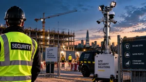 Battery Backup CCTV Tower Hire for Remote Sites in Leeds 4 UK construction site security scene with a security guard, CCTV surveillance tower, security vehicle, gated entrance, and London skyline in the background.