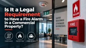How to Secure a Construction Site From Theft: 10 Practical Steps 4 Commercial property hallway with a wall-mounted fire alarm call point, ceiling smoke detector, fire safety signage, and office space in the background.
