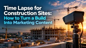 Construction Site Security Company in Manchester 4 Time-lapse camera overlooking a construction site with cranes and a partially built building at sunset, illustrating how construction progress can be turned into marketing content.