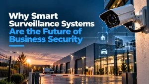 Is a Fire Alarm a Legal Requirement for Commercial Property? 4 Smart surveillance system with CCTV camera, automated detection graphics, and a modern commercial building secured by perimeter fencing and an access barrier at sunset.